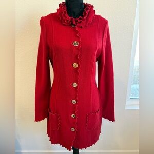 Venario Red 100% Wool Ruffle Collar Button Front Coat Jacket Size S